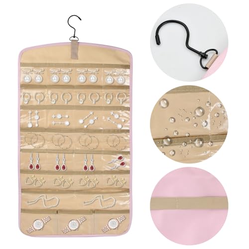 Dewocke Hängend Schmuck Organizer, Schmuck-Organizer zum Aufhängen, Doppelseitige Reise Schmuckrolle, Hängeschmuck-Organizer, für Ohrringe, Halsketten, Ringe, Armband (Rosa)