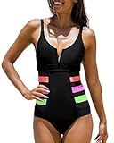 popvil Women's One Piece Color Block V Wire Mesh Waist Tummy Control Monokini Swimsuit, Colorful Bla
