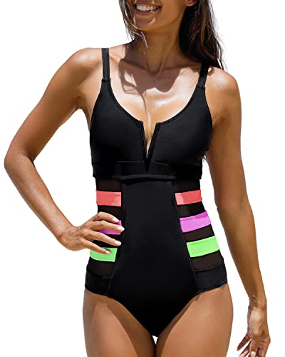 Popvil Women's One Piece Color Block V Wire Mesh Waist Tummy Control Monokini Swimsuit, Colorful Black, X-Large #TOP3