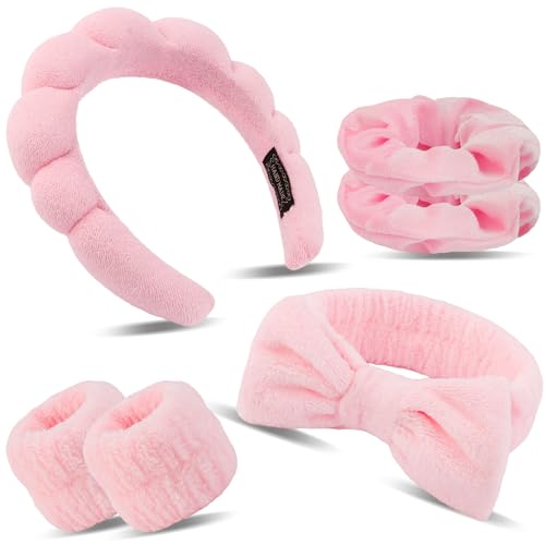 SuPoo 6pcs Pink Spa Headband and Wristband Set - Makeup Sponge Headband, Puffy Skincare Headbands, Cute Wrist Towels with Hair Ties - Teen Girl Gifts, Trendy Stuff