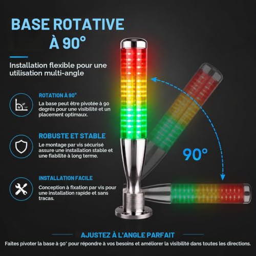 3 Couleurs Signal Lumineux Industriel, DC 24V LED Avertissement Tour Signal LumièRe Feux D'Avertissement Avec Fixe/Clignotant, Buzzer Et Base Rotative, Colonne De Signalisation Industrielle Machine – vue 7