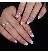 30Pcs French Tips Press on Nails Medium Almond Fake Nails Glossy Ombre Acrylic Nails Nude Nature ...
