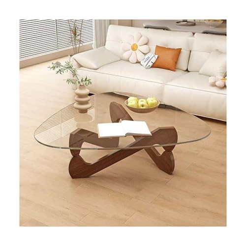 Mesa de centro de vidrio triangular, mesa de centro de vidrio ovalado, mesa de té transparente moderna de mediados de siglo, mesa de comedor baja para sala de estar y balcón(Brown+Clear,32.7x22.4in)