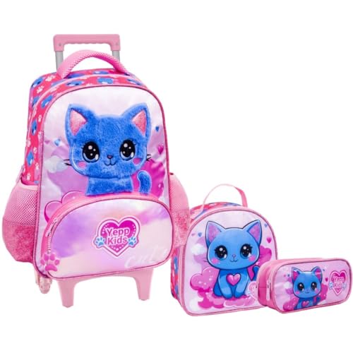Kit Mochila Rodinha Gato Pelúcia Orelhas Glitter Infantil Escolar 2026 (Rosa)
