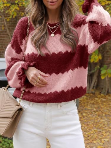 Striped Sweater Women Color Block Crew Neck Ruffle Sleeve Fall Sweaters - image 4
