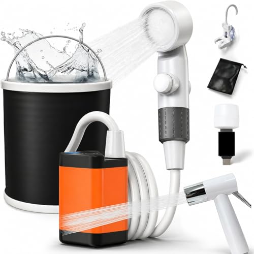 Ducha portátil para camping, bomba eléctrica recargable para exterior con cubo plegable, 3 modos de rociado, manguera de 2 metros, ducha con alimentación USB-C para camping, RV, viaje, baño de mascotas y riego de plantas