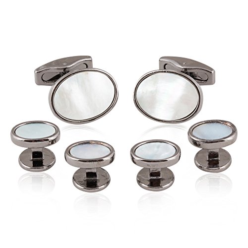 Mens Oval Gunmetal Mother Of Pearl Cufflinks And Stud Set Tuxedo With Presentation Box #TOP10