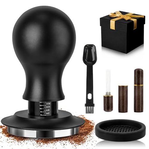 Coffee Tamper Set, Coffee Tamper 53mm, Calibrated Spring Loaded 53mm Tamper with 30lbs Contact Pressure, WDT Tool Espresso with Stand, Silicone Mat, Coffee Spoon, Gift Box