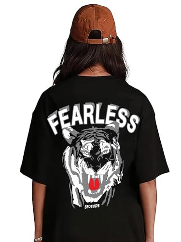 Image of LEOTUDE Women's Cotton Oversized Fit Short Sleeve with Round Neck, Oversized Longline Drop Shoulder, Back Printed T-Shirt