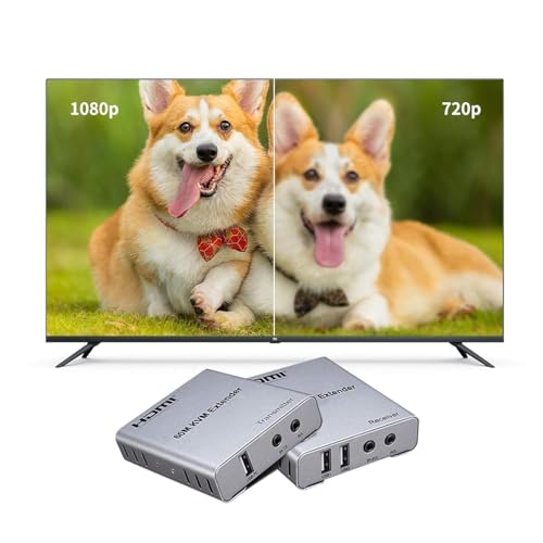 Image of HDMI Extender 60m with KVM Audio Output IR Control Support USB Mouse and Keyboard Extension Over cat5e cat6 Cable, 60M HDMI KVM Extender Video Resolution up to 1080p - grey(K)