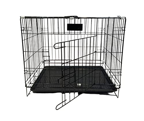 Dog Cage Crate – Heavy Duty Black Metal Folding Crate with 2 Doors, Chew-Resistant Plastic Base Tray, and Carrier Handle – Ideal for Puppy Training (S : L 47 x H 30 x W 38cm)