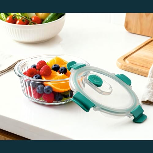 Image of Stegl 400ml Glass Food Container Airtight Storage Container with Slip-Vent Lid | Round Striped Design Meal Prep Food Container | Microwave & Fridge Safe