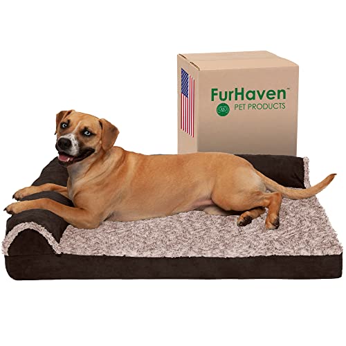 Image of Furhaven Cooling Gel Dog Bed for Large /Medium Dogs w / Removable Bolsters & Washable Cover, For Dogs Up to 55 lbs - Two-Tone Plush Faux Fur & Suede L Shaped Chaise - Espresso, Large