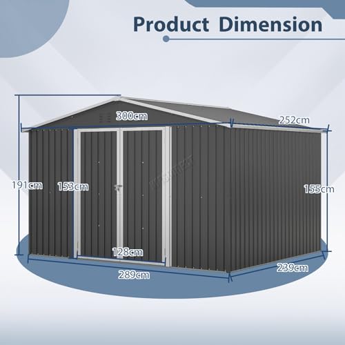 Birchtree Garden Shed Metal Apex Roof 10FT X 8FT Outdoor Storage With Free Foundation Anthracite And White - 7