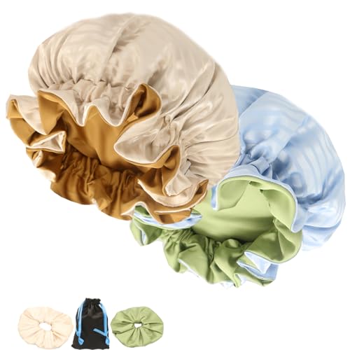 Bonnet de nuit réglable en satin double couche réversible pour cheveux fins ou bouclés