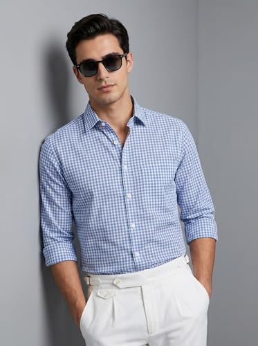 Image of Afflatus Men's Classic Gingham Check Slim Fit Button-Down Dress Shirt for Man | Long Sleeve Cotton Casual Formal Wear | Plaid Checkered Shirt for Men | Business Casual Office Wear
