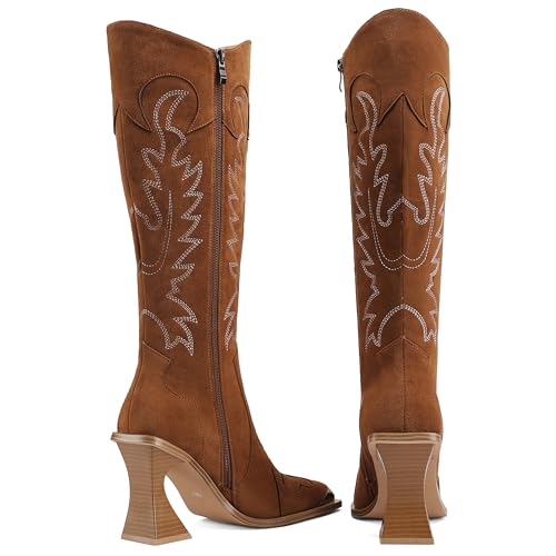 Women's Western Boots Vintage Embroidered Square Toe Cowboy Knee High Boots Brown Leather High Heel Cowgirl Shoes for Country Music Festivals Rodeo Parties and Events2