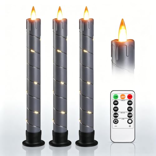 Image of 3 Pack Gray Dripping Wax Flameless Candles, Realistic Dynamic Flame LED Taper Candles with Surrounding Fairy String Lights, Remote Control Battery Operated Candles for Home Wedding Holiday Decor