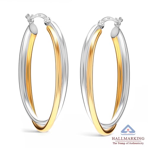 Image of TRUESILVER ACPL 925 Sterling Silver Hoop Earrings for Women | BIS Hallmarked Two-Tone & Three-Tone Intertwined Hoop Earrings | Oval & Round Lightweight Jewelry