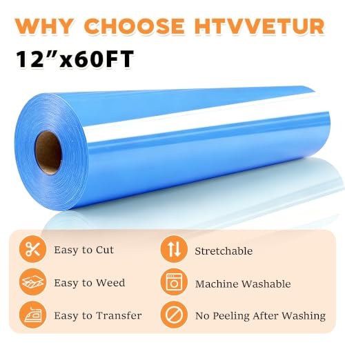 Image of HTVVETUR Iron on Vinyl, Sky Blue, 12 Inch by 60ft Heat Transfer Vinyl | Stretchy T-Shirt HTV Rolls for All Cutter Machine - Easy to Cut & Weed
