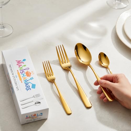 Image of Classic Gold 24 Pcs Stainless Steel Cutlery Set for Dining Table, Dishwasher Safe Glossy Flatware (Perfect Spoon Fork Set)