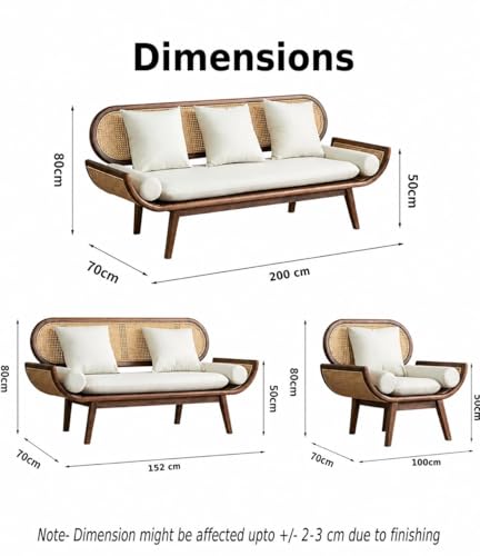 Image of Modern Rattan Cane Sofa with Curved Arms Wooden Frame, Beige Cushions and Throw Pillows Sofa for Living Room, Bedroom, Hallways (3+2+1 Seater)