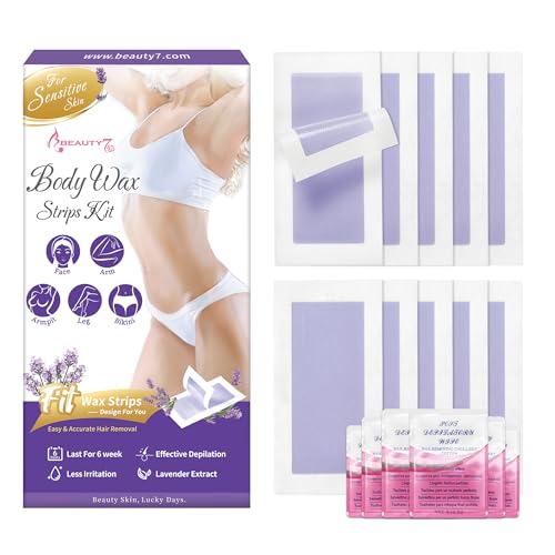Beauty7 Tiras de cera fría para cuerpo y piernas, bikini, tiras de cera para la depilación para todos los tipos de piel sensible, procesamiento perfecto, depilación duradera, 20 tiras de cera, 4 paños