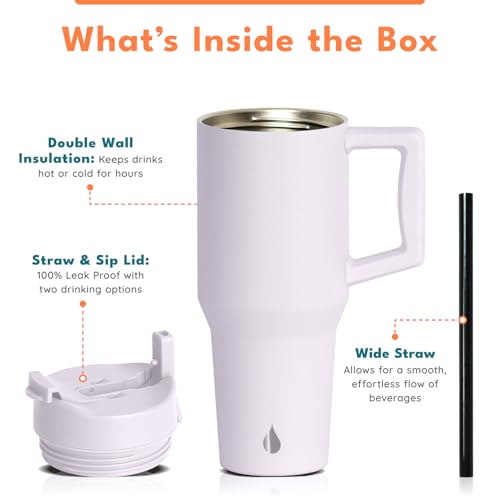 Image of Elemental 100% Leak Proof 32oz Tumbler with Handle & Straw Travel Mug | Stainless Steel Double Wall Insulated Tumbler for Hot and Cold Beverages with Sip & Straw Lid