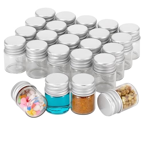 JIUWU 24-Pack 5mL Mini Bottles with Aluminum Screw-Cap, Clear Small Glass Jars with Lids for Essential Oil & Decoration, Small Glass Bottle for DIY Art Craft Storage