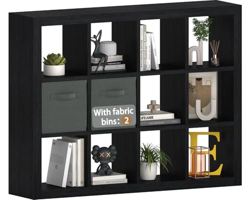 furtble Bookshelf with Storage Bin, 12-Cube Storage Organizer, Modern Wood