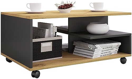 VCM Table Basse en Bois Table de Salon sur roulettes Table Basse Stango Table Basse en Bois Table de Salon sur roulettes Table Basse Stango Anthracite/Chêne...
