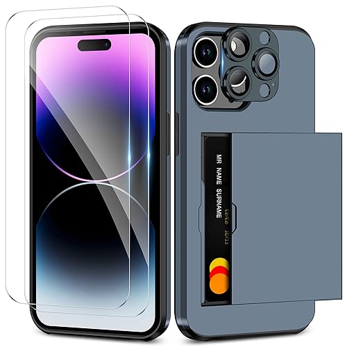 Coolden for iPhone 15 Pro Case with Card Holder & 2 Screen Protector + 1 Camera Lens Protector Full Body Heavy Duty Protective Case Shockproof Wallet Case Cover for iPhone 15 Pro Phone Case-Navy