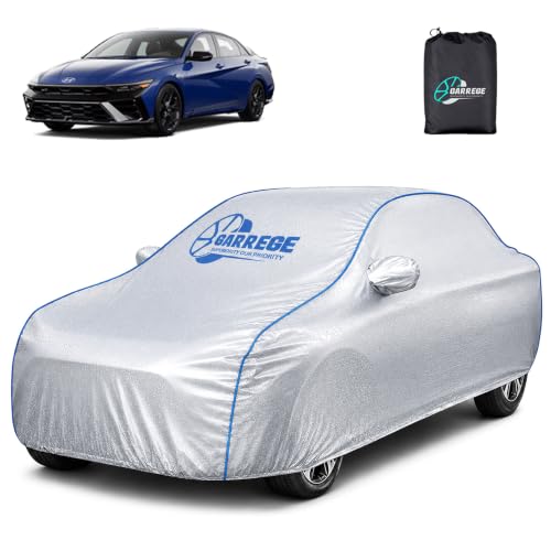 Image of Metallic Silver Triple Coated Inner Soft Lining Cotton Waterproof Car Body Cover with Mirror Pocket Blue Strap Style for Elantra Cars (Box Printed Silver)