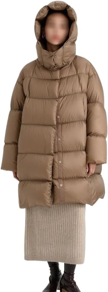Women's Khaki Down Jacket Medium Length Loose A-line Detachable Hooded Warm Down Jacket
