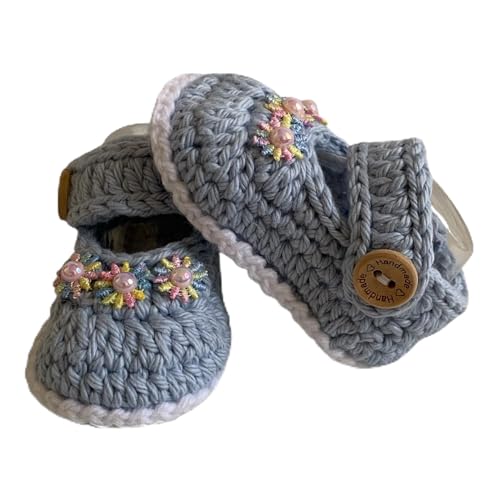 Handmade Baby Girl Mary Jane Booties, Crochet Cotton, Gray with Floral Detail