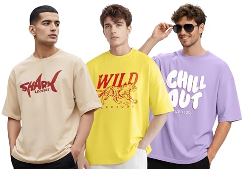 Image of LEOTUDE Casual Half Sleeve Cottonblend Printed Round Neck Drop Shoulder Oversized Tshirt for Man (Color Brown)