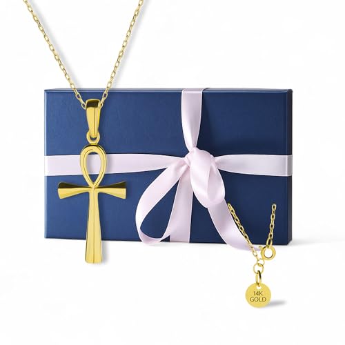 Anelise Jewellery 14K Solid Gold Ankh Cross Necklaces for Women | Crucifix Pendant Necklace | Ancient Egyptian Religious Cross Necklace for Women | Dainty Necklaces | 18" | Real Yellow Fine Gold