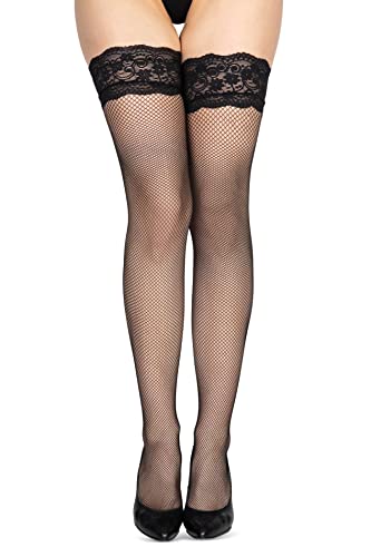 Negro Fishnet Hold Up Medias Con Encaje Top Sk por looksy Sheer Nylon Net Lencería Sexy Muslo Alta Silicona Diamantes Calcetería Cover