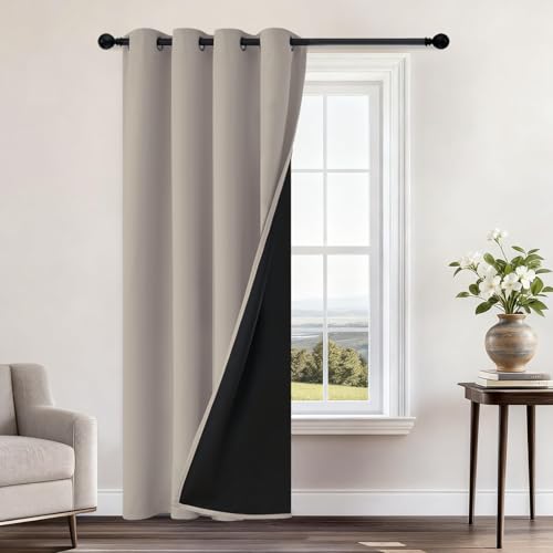 Image of Yakamok Natural Blackout Curtains 96 Inches Long for Bedroom 52 inch Wide 1 PCS | Blackout Curtain Panels for Bedroom, 2 Thick Layers Grommet Top Thermal Insulated Drapes with Black Liner for Living Room