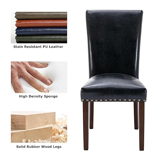 Image of COLAMY Upholstered Parsons Dining Chairs Set of 4, PU Leather Dining Room Kitchen Side Chair with Nailhead Trim and Wood Legs - Black