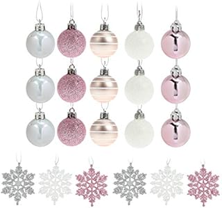 Amosfun 24Pcs Silver Pink Christmas Decorations Xmas Tree Silver Baubles Snow Balls Christmas Party Snowflake Pendant