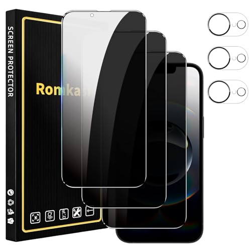 Romkasi 3 Pack Privacy Screen Protector for iPhone 17e 6.3 Inch with 3 Pack Camera Lens Protector, Anti Spy Tempered Glass Film, Anti-Scratch, Touch Sensitive, Case Friendly