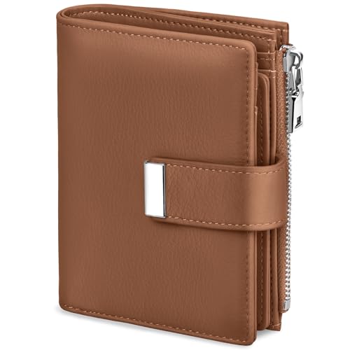 Faneam Portefeuille Femme en Cuir Petit Porte Monnaie Blocage RFID Antivol Portefeuilles Court Poche à Monnaie avec Fermeture Eclair, 12 Emplacements pour Cartes (Brun)