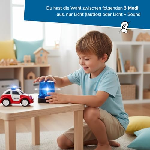 alldoro 60234 Spielzeug Blaulicht mit Sound & LED-Licht, 3 Funktionen inkl. Lautlos-Modus, batteriebetrieben, Rundumleuchte für Rollenspiele & Partys