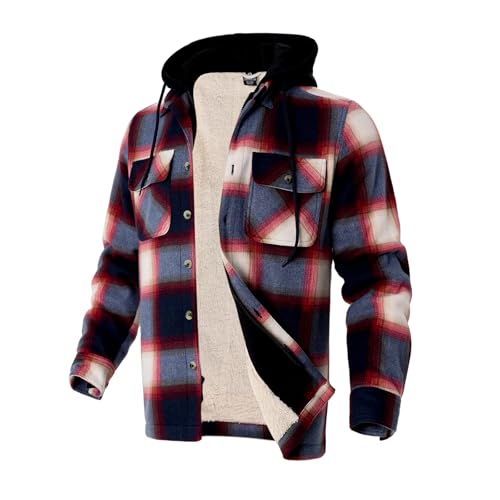 Image of TanBridge Men's Cotton Plaid Shirts Jacket Full Zip Fleece Flannel Sherpa Lined Hoodies Heavyweight Hoodies Jacket for Men