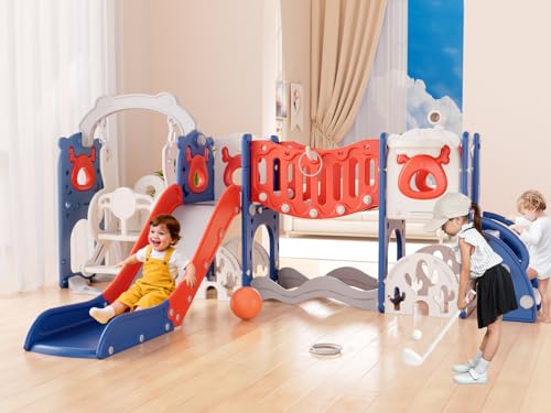 Image of XJD 12-in-1 Toddler Slide and Swing Set, Kids Slide for Toddlers Age 1+, Toddler Outdoor Playset New Upgrade with Golf Set, Basketball Hoop, Drawing Board for Playground (Blue Red)