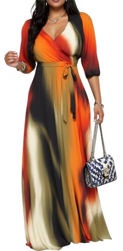 Image of CaniBtr Maxi Dresses for Women Plus Size 3 /4 Sleeve Long Dress with Belt | Versatile plus-size maxi dress,wrap v-neck + waist tie craft soft glamorous looks easily for everyday casual outings