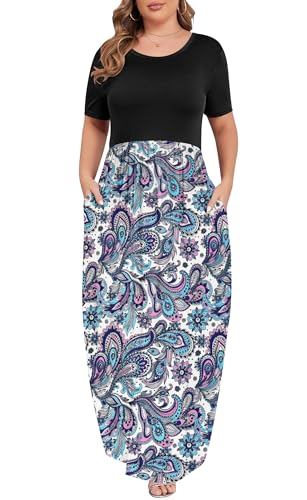 Image of KARALIN Women Plus Size Maxi Dress Short Sleeve Round Neck Loose Fit A-Line | Plus Size Long Dress,Summer Casual Maxi Dresses,Short Sleeve,Side Pockets,Round Neck,Elastic Waist,14 Plus - 26 Plus