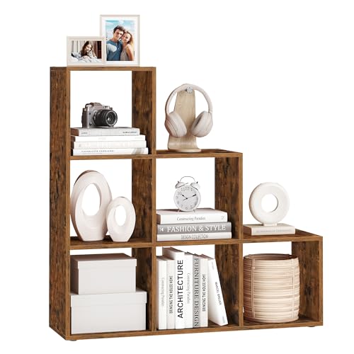 VASAGLE Bookcase Stair Shelf Divider Storage Furniture 6 Compartments Office Living Room Bedroom Rustic Brown LBC63BX