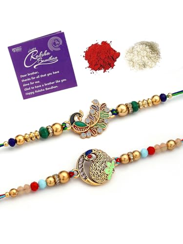 Image of Sukkhi Rakhi Iconic Designer Kundan Meenakari Red Green Gold Plated Premium Rakhi for Brother with Roli Chawal & Greeting Card|Rakhi for Brother /Bhaiya /Bhai /Men|Rakhi Combo-Set of 2